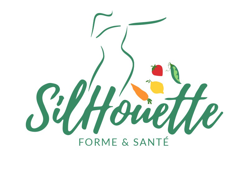 Logo vert Silhouette forme & santé silhouette féminine , fraise, carotte, citron et petit pois